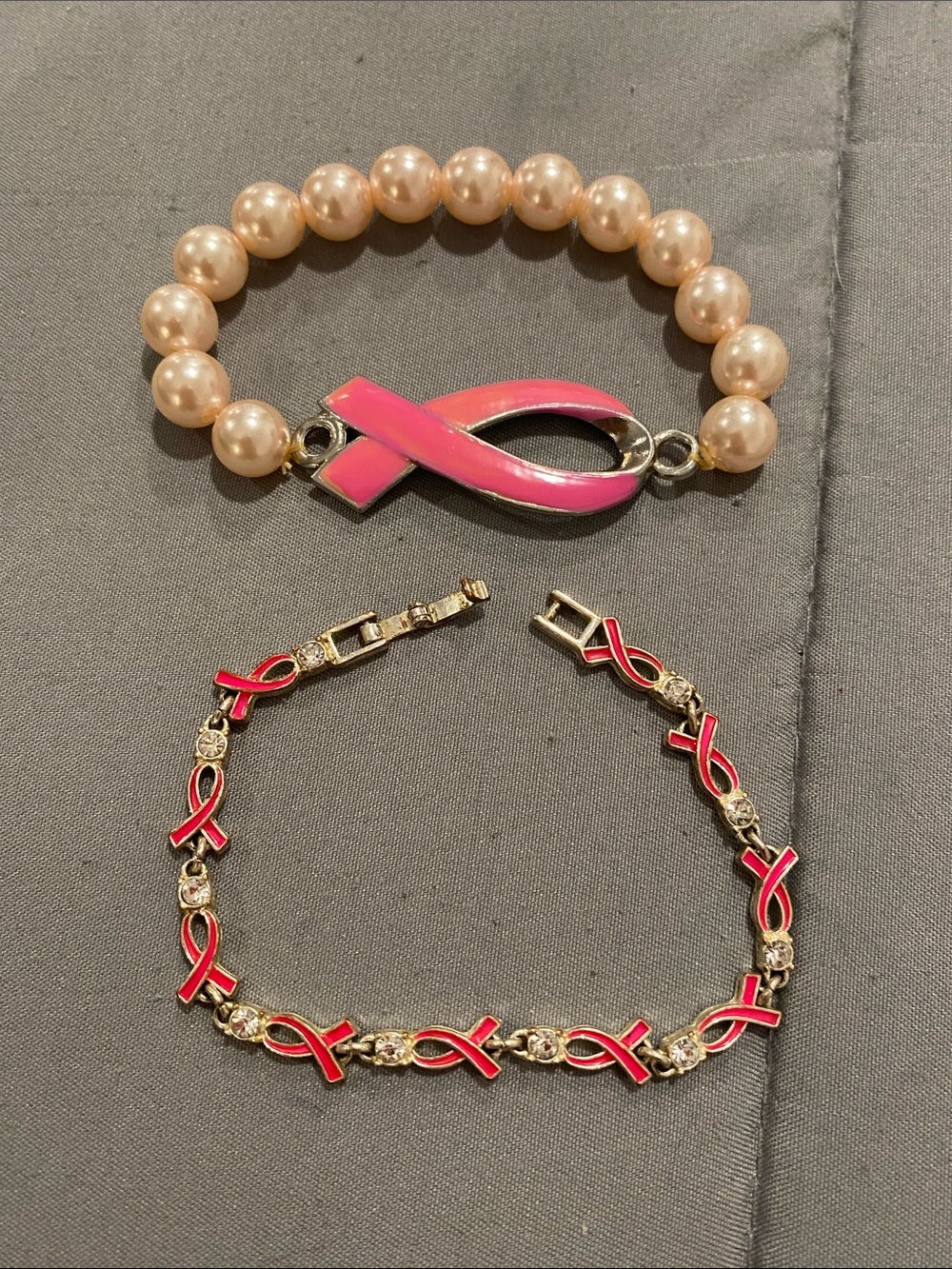 Pink Ribbon Pearl and Charm Bracelet Set - Breast Cancer Awareness